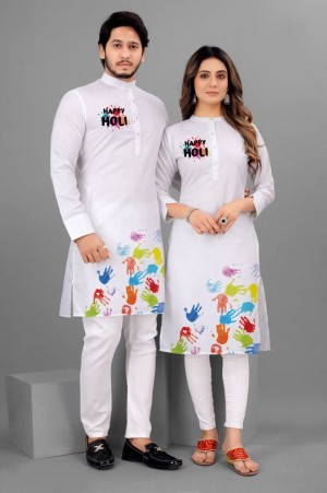 Designer holi print semi cotton white couple kurta